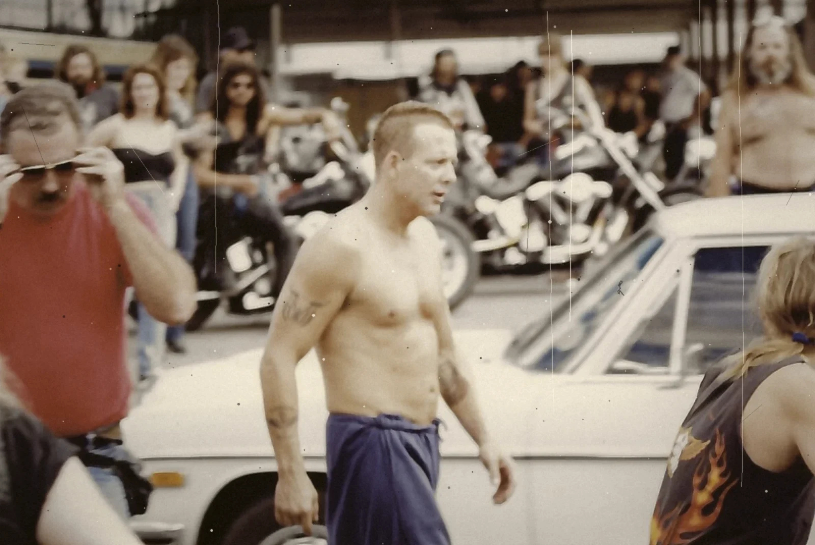 Mickey Rourke with the bikers on the set of Harley Davidson and the Marlboro Man